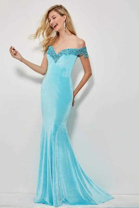 Plus size dresses with sleek finishes stay polished -Angela & Alison - 81085 Beaded Off-Shoulder Velvet Mermaid Dress