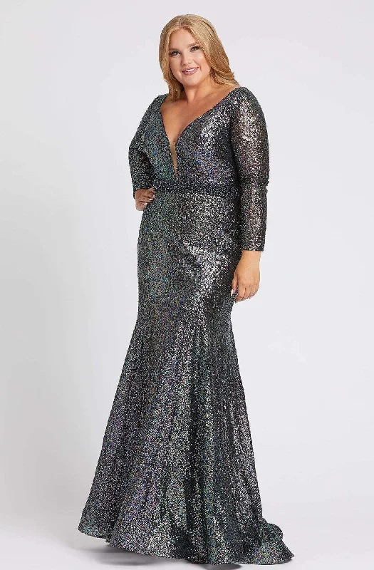 Plus size dresses featuring laser-cut details are unique -Mac Duggal Fabulouss - 67246F Shimmering Long Sleeves Trumpet Dress