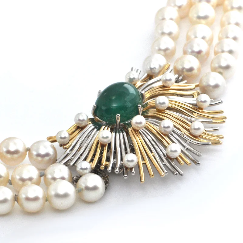 Necklaces and pendants with angel wing motifs for a spiritual, meaningful design-Retro Three Strand Pearl Necklace with Platinum and 18K Yellow Gold 11CT Emerald and Seed Pearl Clasp C.1950