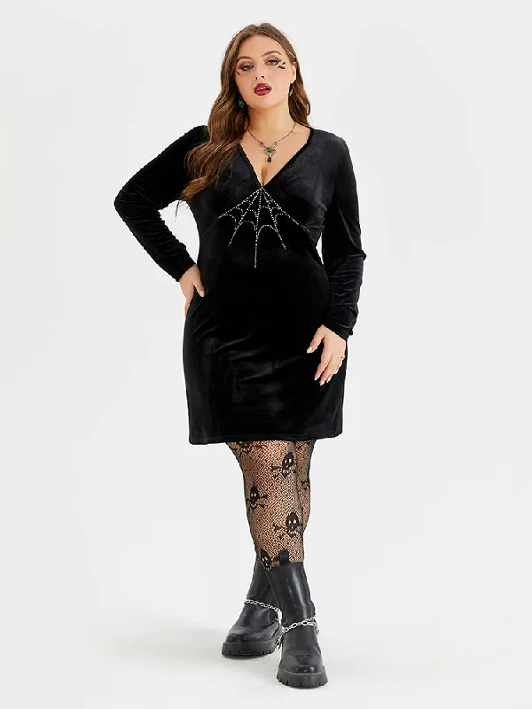 Plus size dresses for autumn days feel cozy -Halloween Spider Web Rhinestone Velvet Bodycon Dress