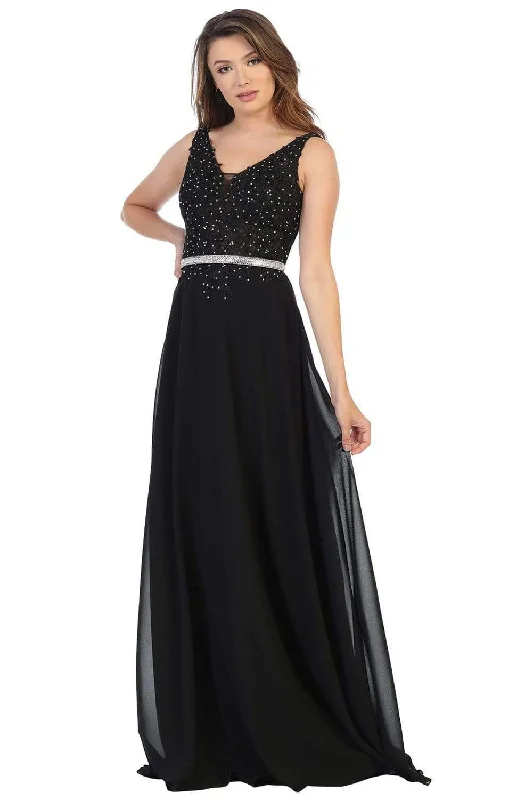 Plus size dresses with tough fabrics age well -May Queen - MQ1701 Embroidered Plunging V-neck A-line Gown