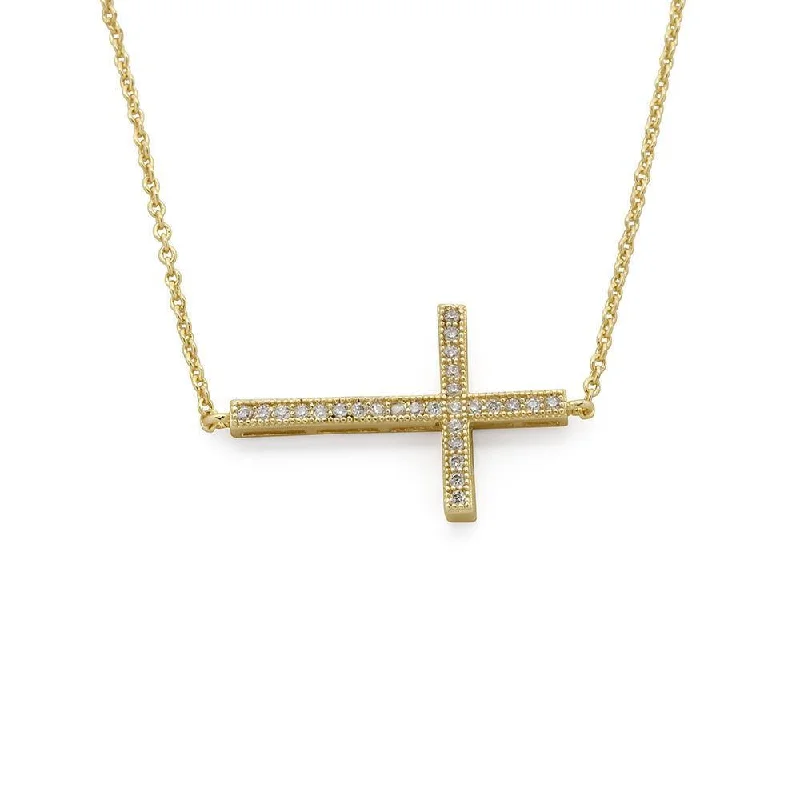 Unique necklaces and pendants with vintage-inspired designs for timeless appeal-CZ Pave Horizontal Cross Necklace Gold Tone