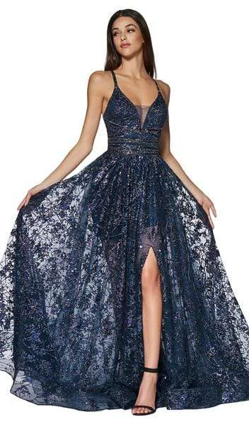 Plus size dresses for trendy vibes stay current -Cinderella Divine - Glitter Print A-Line Gown with Slit CM9015 - 1 pc Navy in Size 10 Available