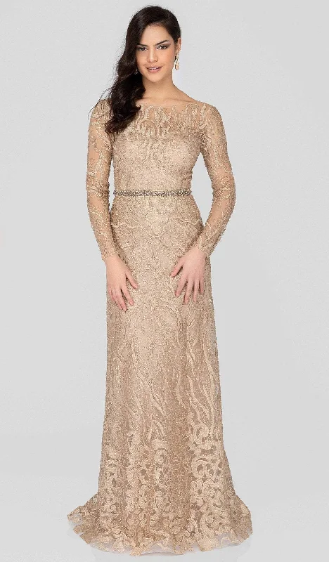 Plus size dresses for bridal parties glow elegantly -Terani Couture - 1913E9229 Embellished Lace Long Sleeve A-line Dress