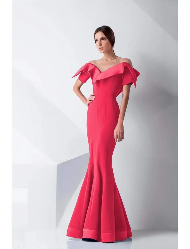 Plus size dresses with hidden support shape secretly -MNM Couture - G0782 Folded Off-Shoulder Mermaid Gown  - 1 pc Coral in Size 6 Available