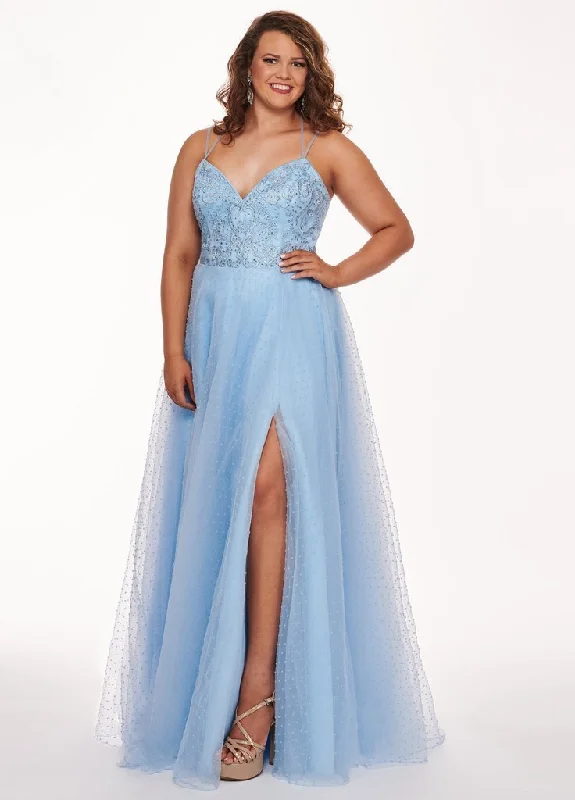 Plus size dresses with shiny threads reflect light -Rachel Allan - 6680 Sleeveless V-Neck Double Strapped Beaded Gown with Slit - 1 pc Powder Blue In Size 28W Available