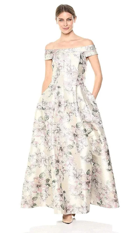 Plus size dresses featuring earthy tones are grounding -Eliza J Evening - EJ8M8107 Floral Printed Off-Shoulder A-line Dress