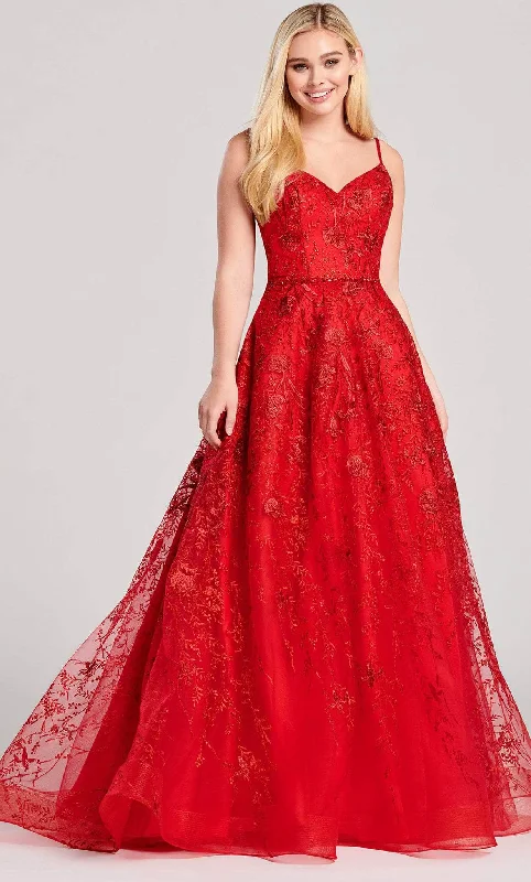 Plus size dresses featuring metallic hues shine soft -Ellie Wilde EW22015 - Floral Lace V-Neck Prom Gown