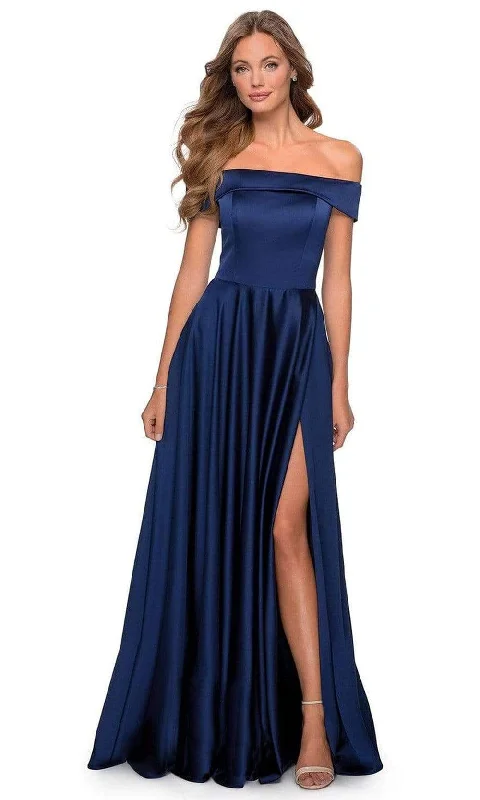 Plus size dresses with side ties cinch nicely -La Femme - 28978 Satin Off-Shoulder A-line Modest Prom Gown