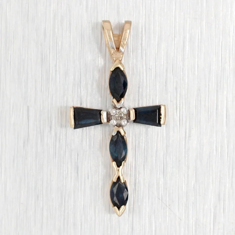 Stunning necklaces and pendants with ruby gemstones for a luxurious red hue-Vintage 0.50ctw Blue Sapphire & Diamond Cross Pendant - 14k Yellow Gold Charm