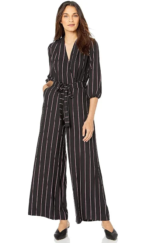 Plus size dresses with V-necks elongate figures -Gabby Skye - 91139MG Quarter Sleeve Stripe V-Neck Jumpsuit