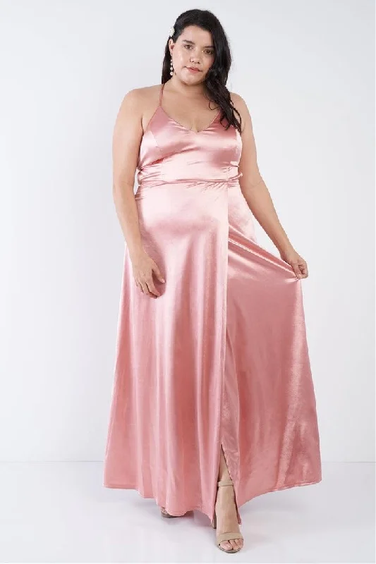 Plus size dresses with timeless cuts suit all -Plus Size Satin Open Criss Cross Back Maxi Dress /2-2-2