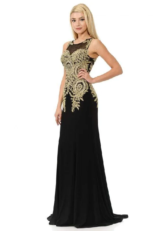 Plus size dresses featuring floral patterns feel fresh -Lenovia - 8102 Gilded Jewel Neck Trumpet Dress With Train