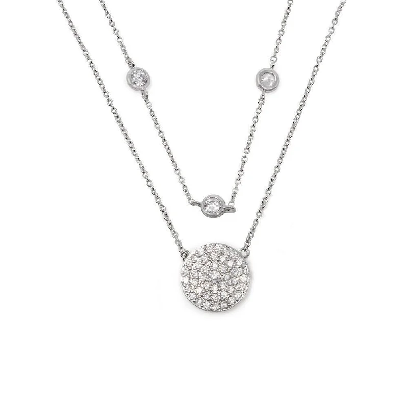 Stylish necklaces and pendants with diamonds for a glamorous and elegant look-Two Layer Necklace CubicZirconia Pave Circle Rhodium Plated