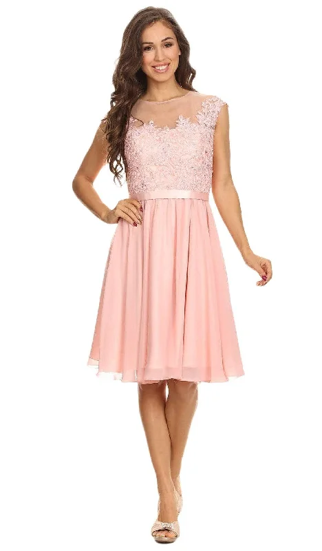 Plus size dresses with adjustable straps fit well -Eureka Fashion - 3633 Lace Appliqued Cap Sleeve Chiffon Dress