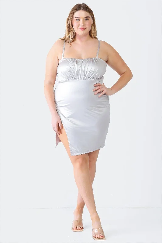 Plus size dresses with V-necks elongate figures -Plus Size Metallic Silver Satin Wrap Hem Mini Dress