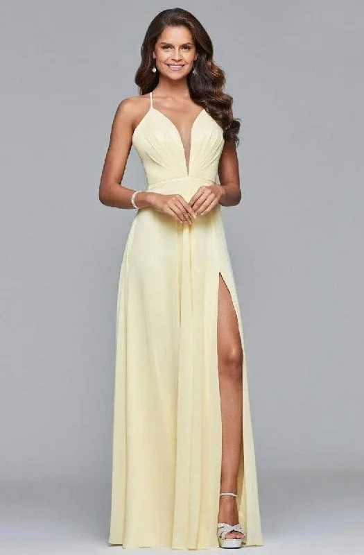 Plus size dresses with sleek necks stay elegant -Faviana - 7747 Illusion Plunging Neck Strappy Open Back Chiffon Dress