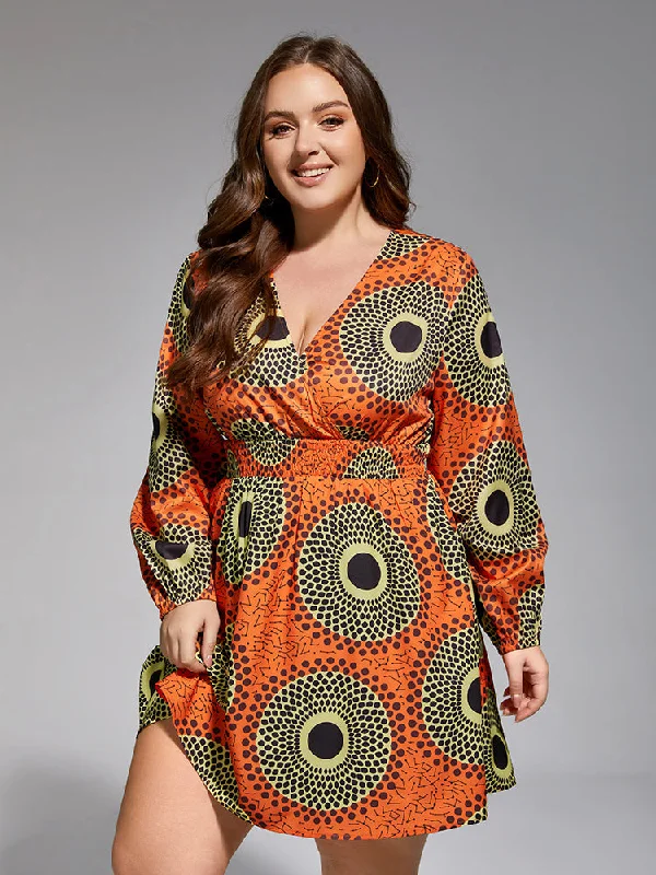 Plus size dresses with asymmetrical hems look modern -Plus Geometric V Neck Elastic Waist Dress