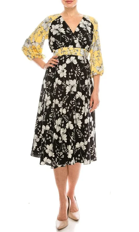 Plus size dresses with elastic waists stretch easily -Gabby Skye - 91196MG Quarter Sleeve Floral Color Block A-Line Dress