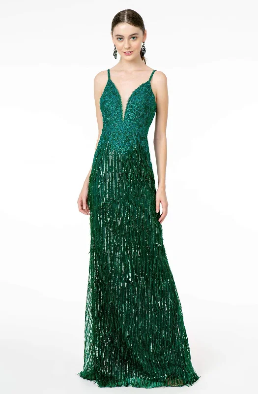 Plus size dresses in soft fabrics feel cozy -GLS by Gloria - GL1824 Plunging Sequin Fringed Sheath Gown