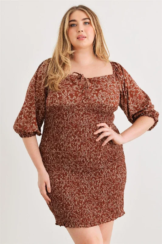 Plus size dresses for bold outfits match well -Plus Size Floral Smocked Puff Sleeve Mini Dress