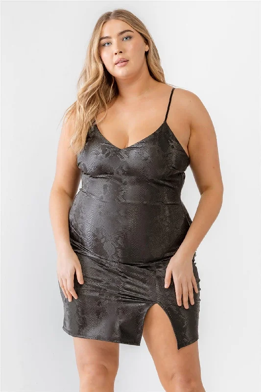 Plus size dresses for parties shine with confidence -Plus Size Snake Vegan Leather Sleeveless Mini Dress