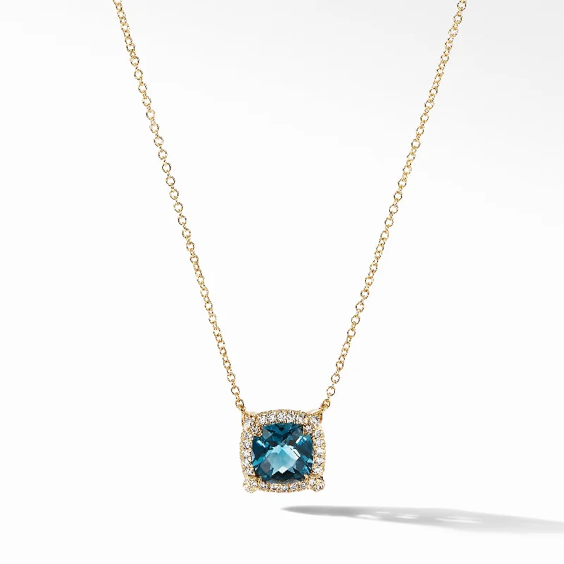 Beautiful necklaces and pendants with layered chains for a fashionable, chic look-Petite Châtelaine® Pavé Bezel Pendant Necklace in 18K Yellow Gold with Hampton Blue Topaz