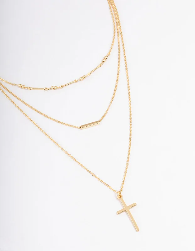 Best necklaces and pendants with zodiac signs for a celestial, astrology-inspired vibe-Gold Plated Layer Bar & Cross Layered Necklace