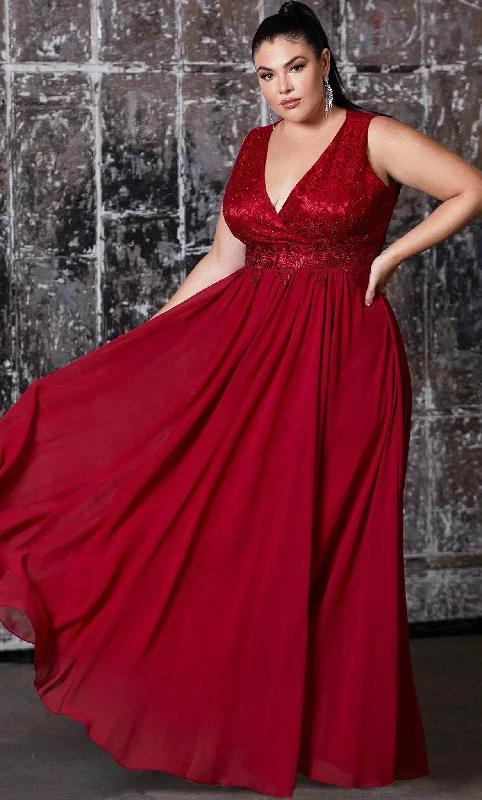 Plus size dresses with scoop necklines feel classic -Ladivine S7201 - Lace Appliqued V-Neck Evening Gown