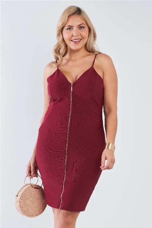 Plus size dresses with sleek fits elongate frames -Plus Size V-Neck Zip Up Bodycon Mini Dress