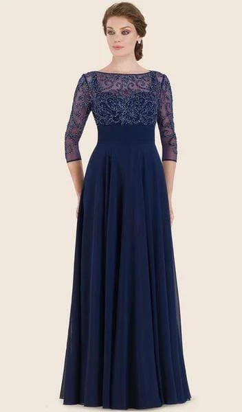 Plus size dresses with classic designs never fade -Rina Di Montella - Quarter Sleeve Illusion Beaded Empire Dress RD2614 - 1 pc Navy In Size 14 Available