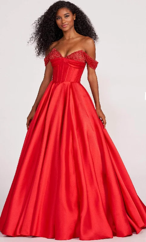 Plus size dresses with high waists define curves -Ellie Wilde EW34118 - Off Shoulder Corseted A-line Dress