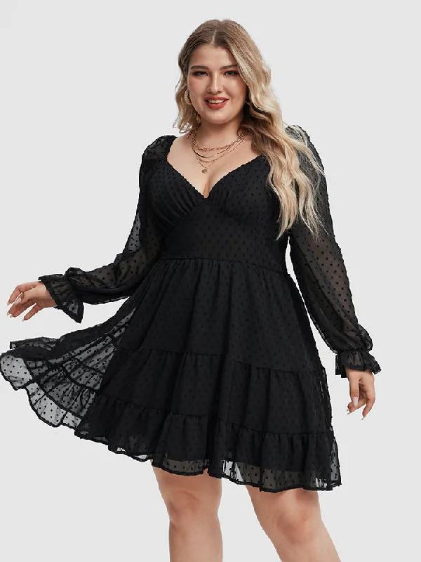 Plus size dresses with high waists define curves -Swiss Dot Flounce Sleeve Ruffle Hem Dress