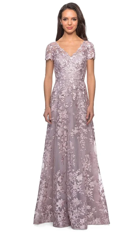 Plus size dresses in soft fabrics feel cozy -La Femme - 27870 Short Sleeve Lace Overlaid A-Line Dress