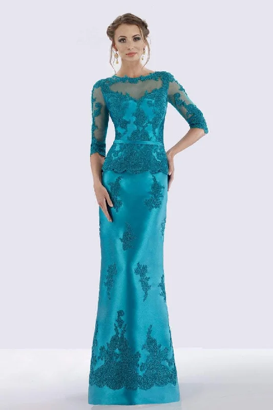 Plus size dresses with sleek designs suit all -Feriani Couture Quarter Sleeve Appliqued Peplum Long Gown 18740