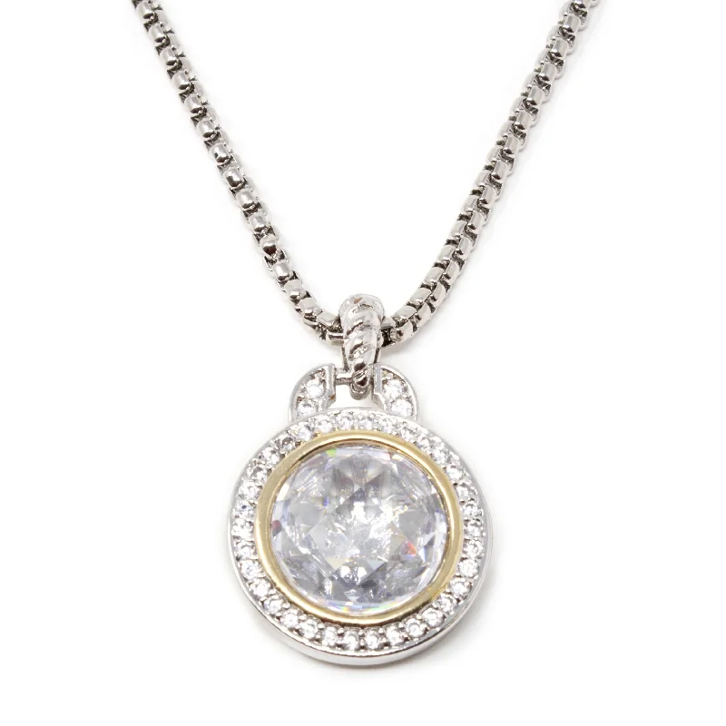 Best necklaces and pendants with emerald gemstones for a rich, sophisticated design-Two Tone Round Faceted Clear CZ Pendant Necklace