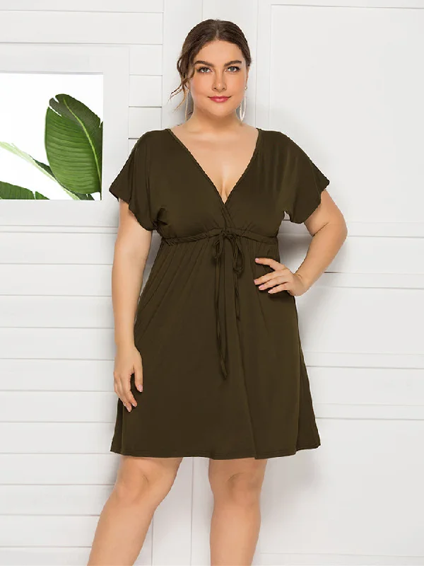 Plus size dresses with supportive linings feel great -Plus Ruffle Sleeve Elastic Waist Knot Dress