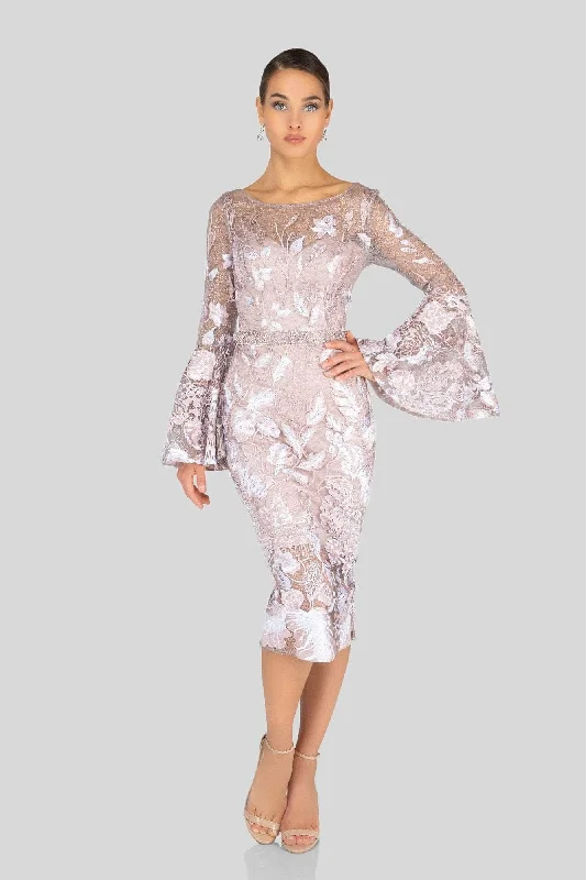 Plus size dresses featuring beadwork dazzle quietly -Terani Couture - Long Bell Sleeve Embroidered Lace Dress 1913C9065