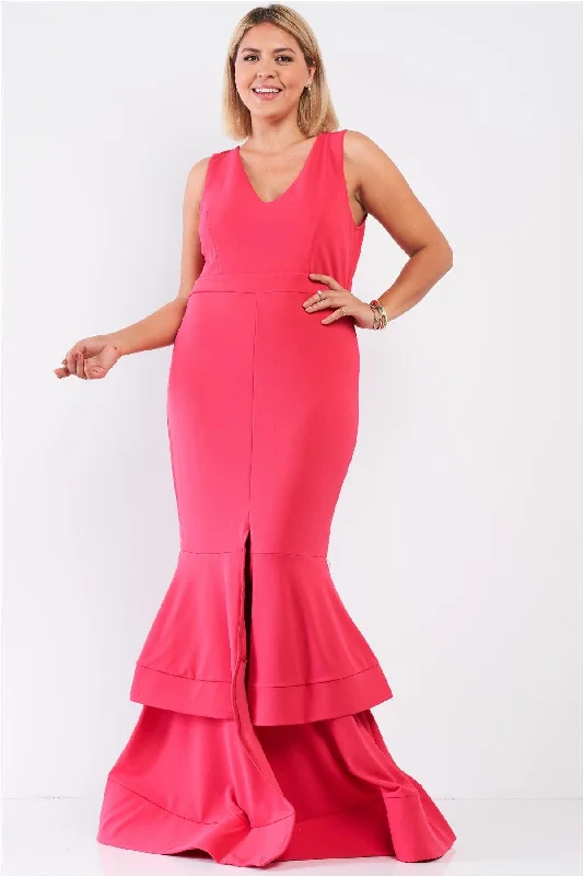 Plus size dresses with supportive fits lift spirits -Plus Size Coral-Pink Layered Flare Hem Maxi Mermaid Dress