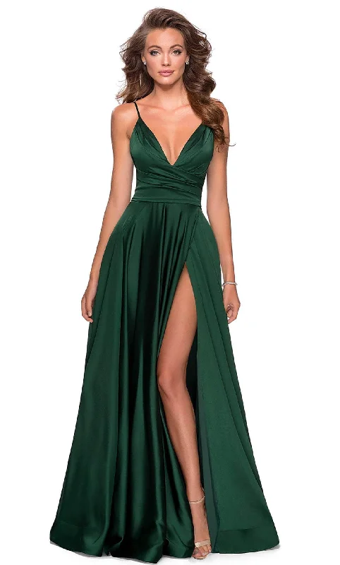 Plus size dresses with sleek fits elongate frames -La Femme - 28607 Deep V-Neck High Slit Simple Prom A-Line Gown