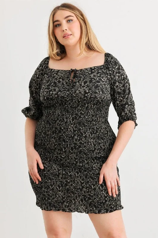 Plus size dresses featuring beaded hems are ornate -Plus Size Floral Smocked Puff Sleeve Tie Neck Mini Dress