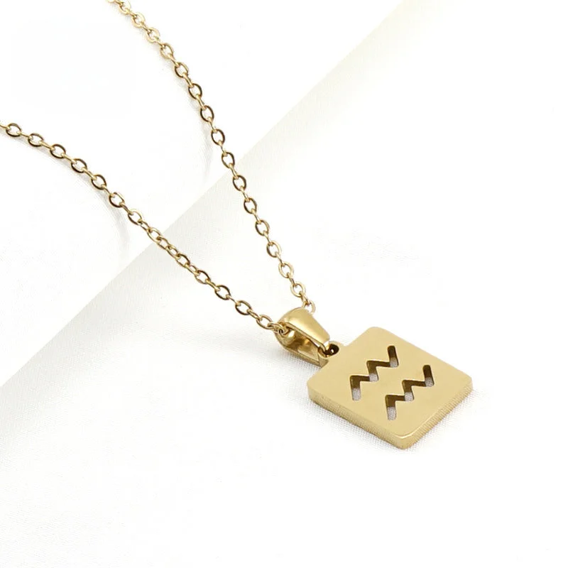 Trendy necklaces and pendants with geometric shapes for a modern aesthetic-Wholesale Stainless Steel 18K Gold Square Hollow Twelve Constellation Pendants Necklaces