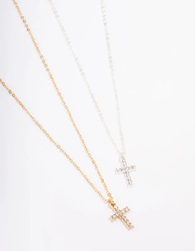 Best necklaces and pendants with cubic zirconia for a budget-friendly dazzling effect-Gold & Silver Plated Diamante Cross Necklace Pack