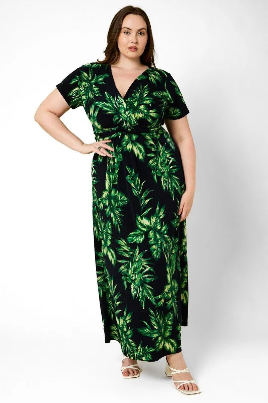 Plus size dresses featuring pleated skirts flow nicely -Plus Size Short Sleeve Front Twist Tropical Maxi Dress