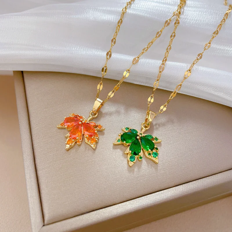 Necklaces and pendants with engraved messages for a deeply personal, sentimental gift-Wholesale Red Maple Leaf Stainless Steel Necklaces