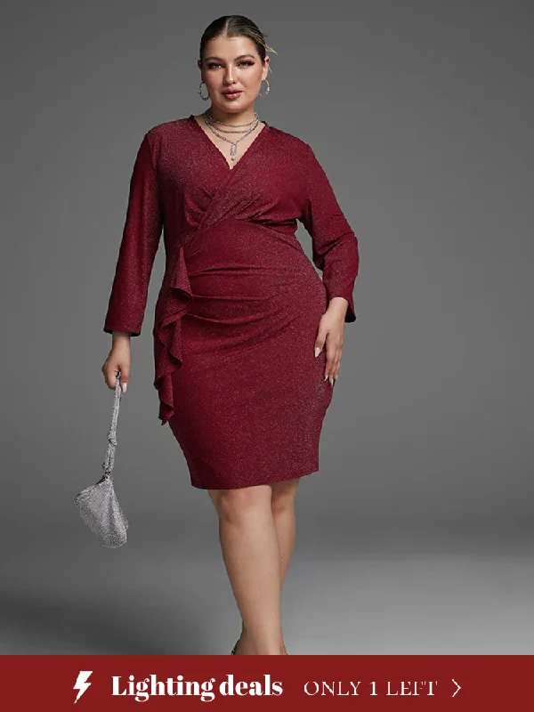 Plus size dresses featuring polka dots feel playful -Ruched Front Ruffle Trim Glitter Dress