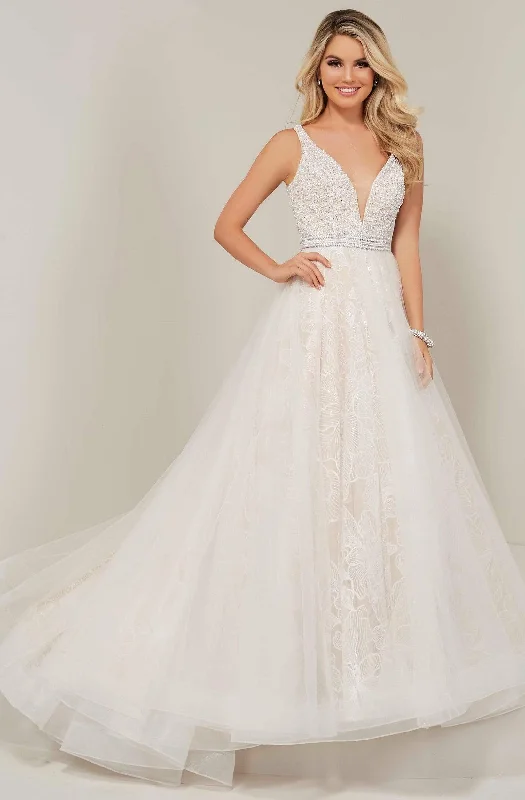 Plus size dresses featuring laser-cut details are unique -Tiffany Designs - 16360 Plunging Adorned Bodice A-Line Gown