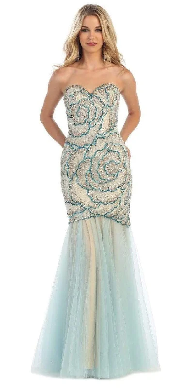 Plus size dresses with A-line cuts flatter curves -May Queen - Sequined Rosette Motif Evening Gown RQ7289 - 2 pcs Aqua/Nude in Size 8 and 14 Available