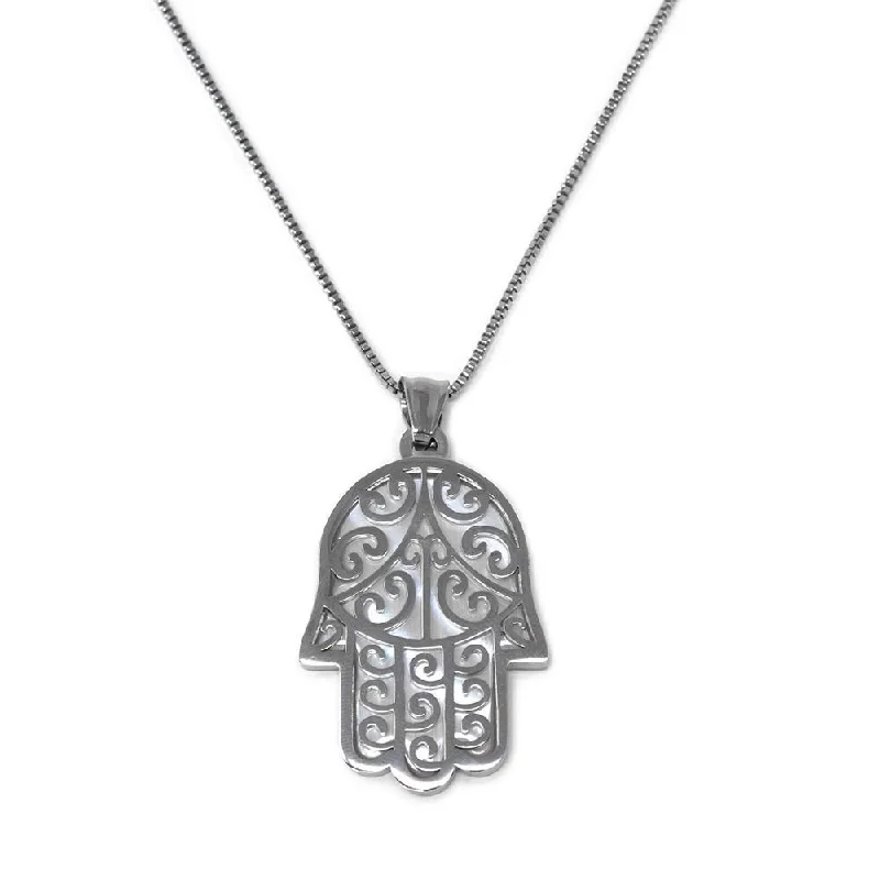 Best necklaces and pendants with infinity hearts for a romantic, eternal symbol-Stainless Steel MOP Hamsa Hand Long Necklace