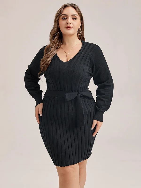 Plus size dresses featuring quilted textures add depth -Solid Tie Lantern Sleeve Ribbed Knit Sweater Dress